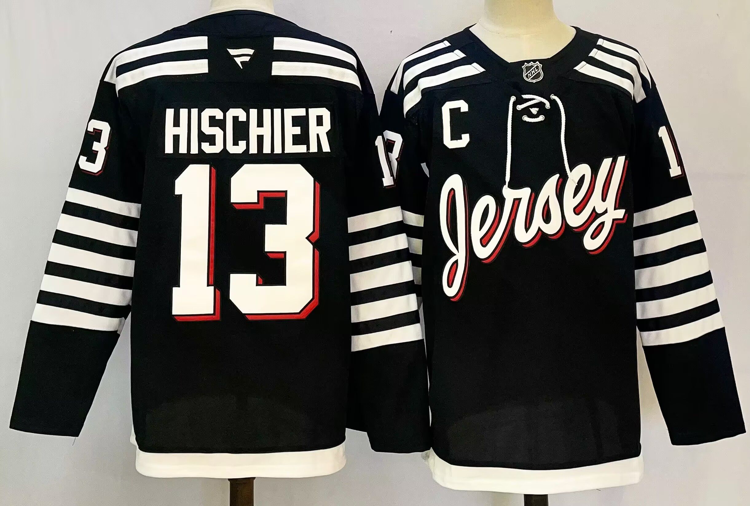 Men New Jersey Devils #13 Hischier Black 2025 Home Premier Player NHL Jersey